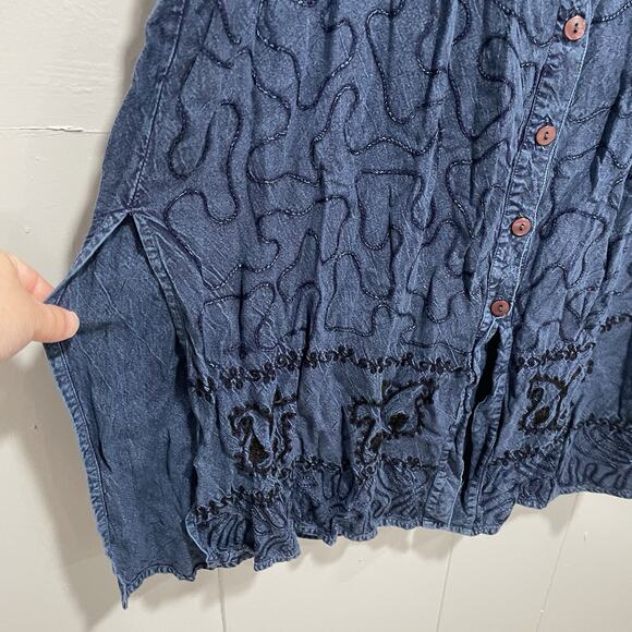Retro MPH Collection Embroidered Midi Skirt Size Large Blue Button Front Slit - Picture 4 of 6